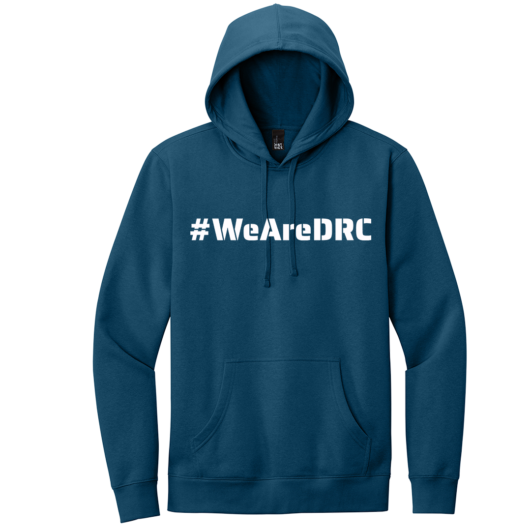 DRC Blue Hoodie #DRC Front and White Logo Back