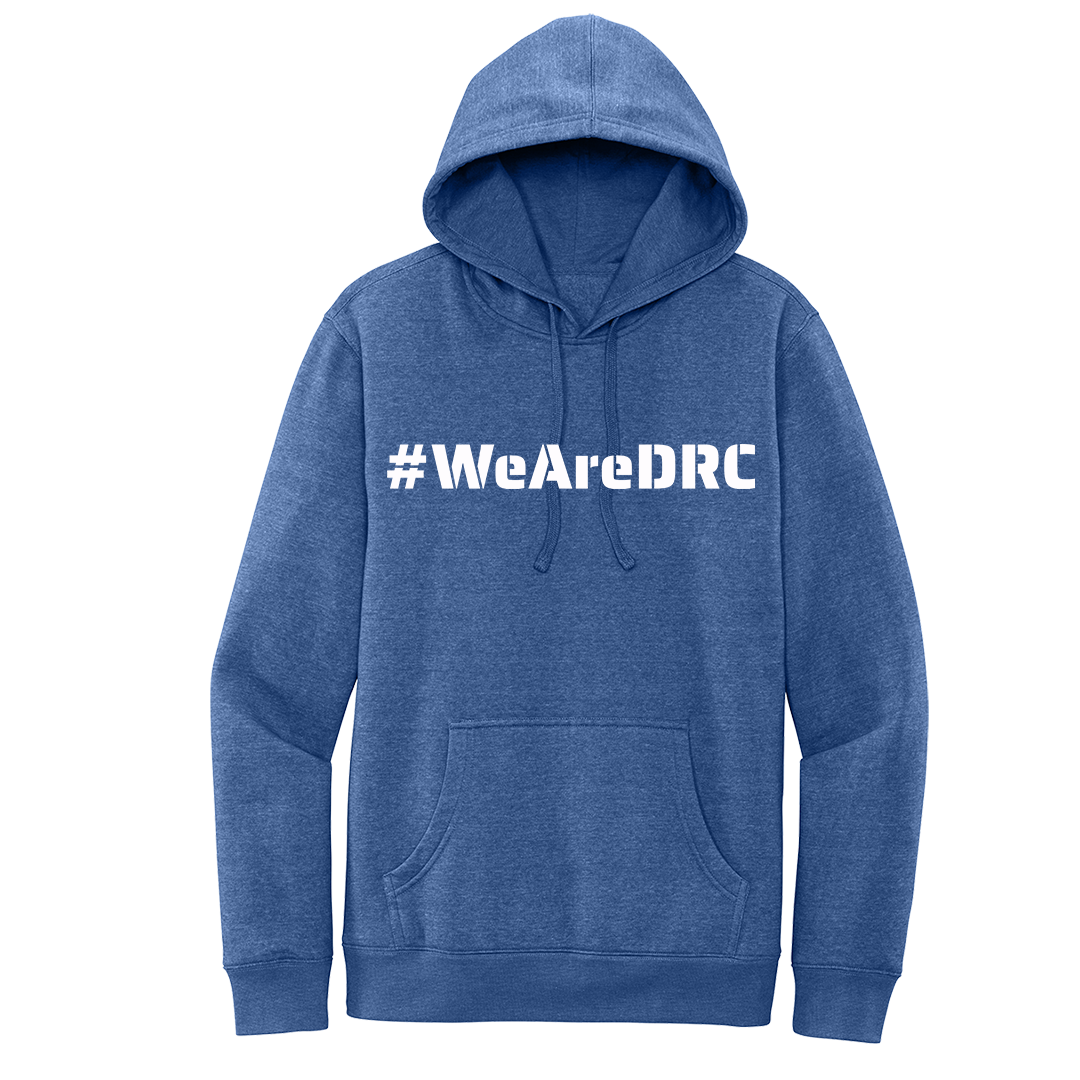 DRC Blue Hoodie #DRC Front and White Logo Back