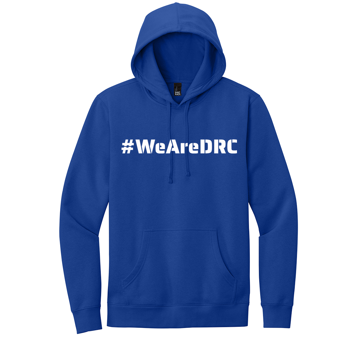 DRC Blue Hoodie #DRC Front and White Logo Back